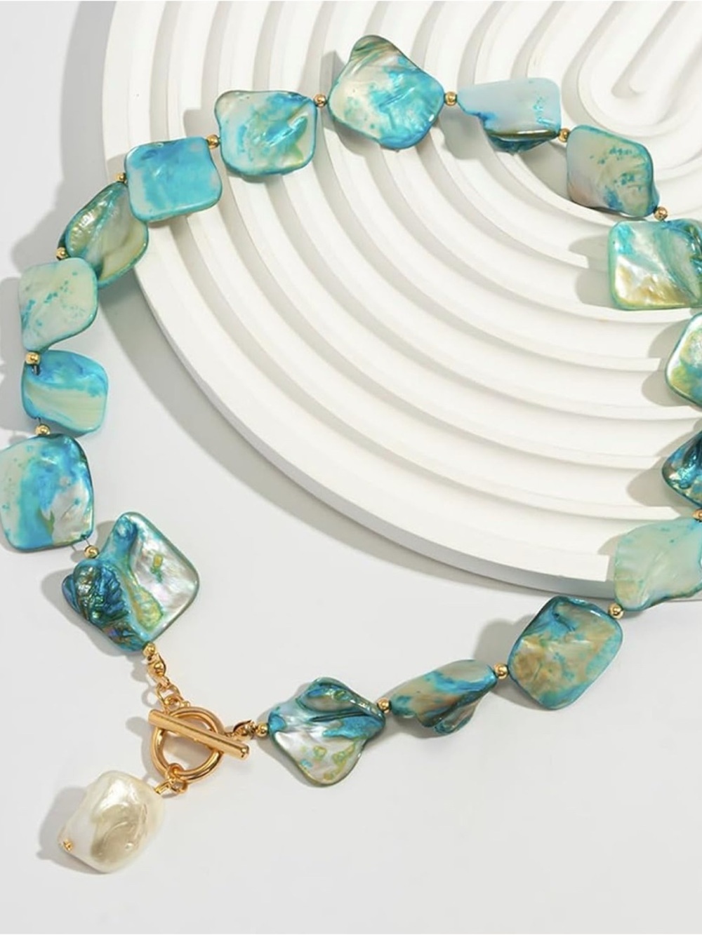 NEW! Iridescent Blue Shell & Gold Toggle Necklace